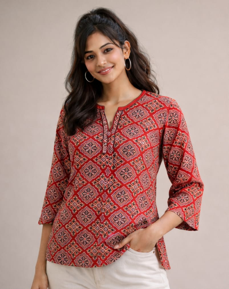Red Ajrakh Print Short Kurti – Everyday Comfort Fit