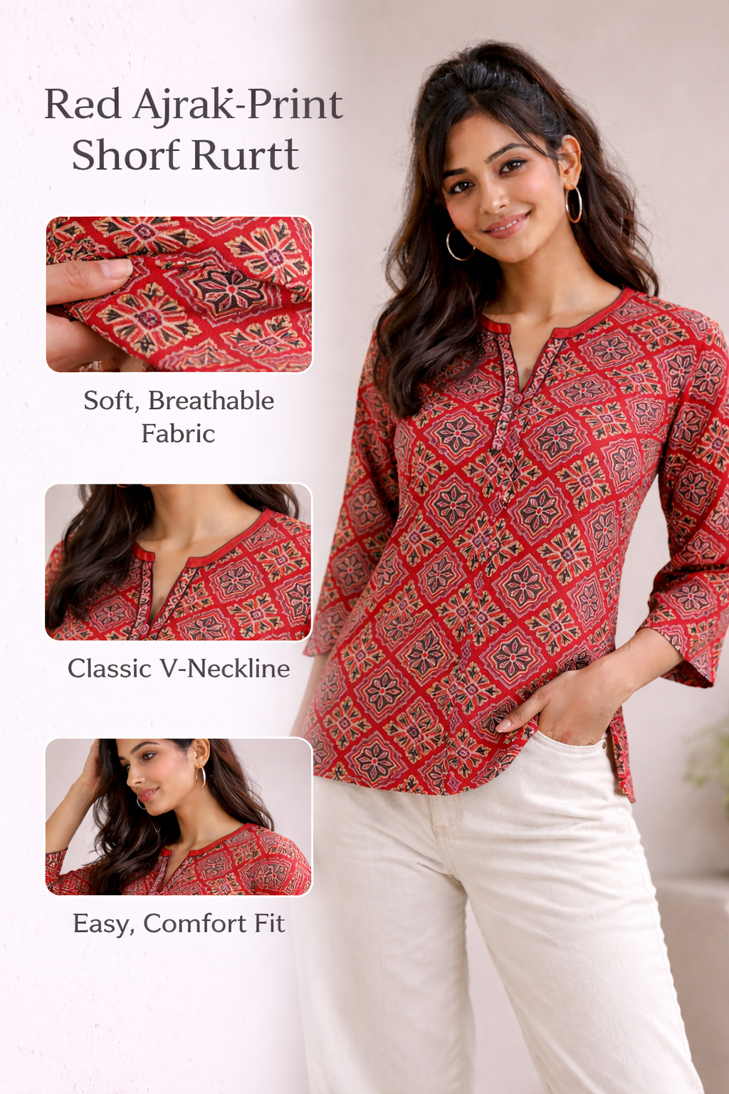 Red Ajrakh Print Short Kurti – Everyday Comfort Fit